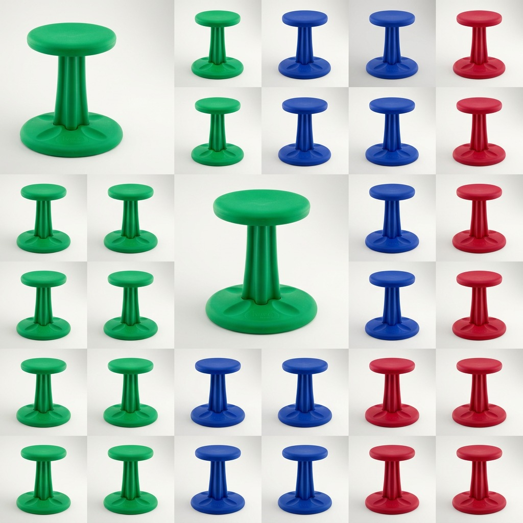 A grid of fdmt Kore Wobble Stools in green, blue, and red colors, showcasing the various options.