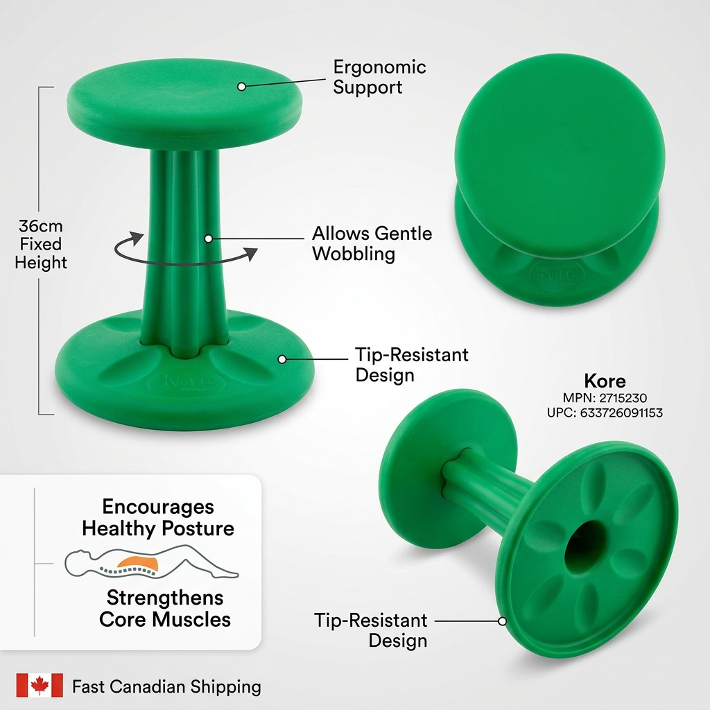 Feature graphic of the green 36cm fdmt Kore Wobble Stool highlighting the tip-resistant design.