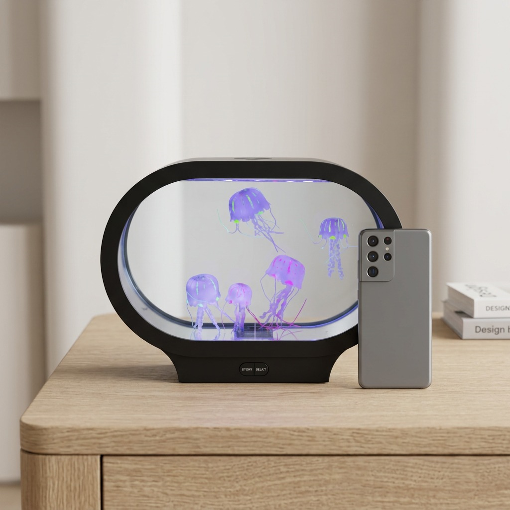 fdmt Jellyzen Oval Jellyfish Lamp with realistic glowing jellyfish and blue LED sensory lighting.