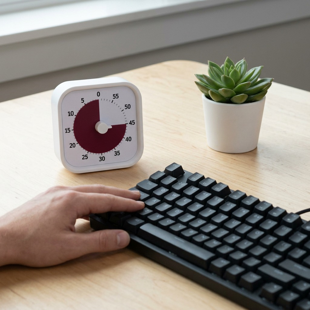 A high-resolution, centered view of the white square fdmt Time Timer MOD, showing a maroon disc set to 45 minutes, with black numeral markings, on a pure white background.