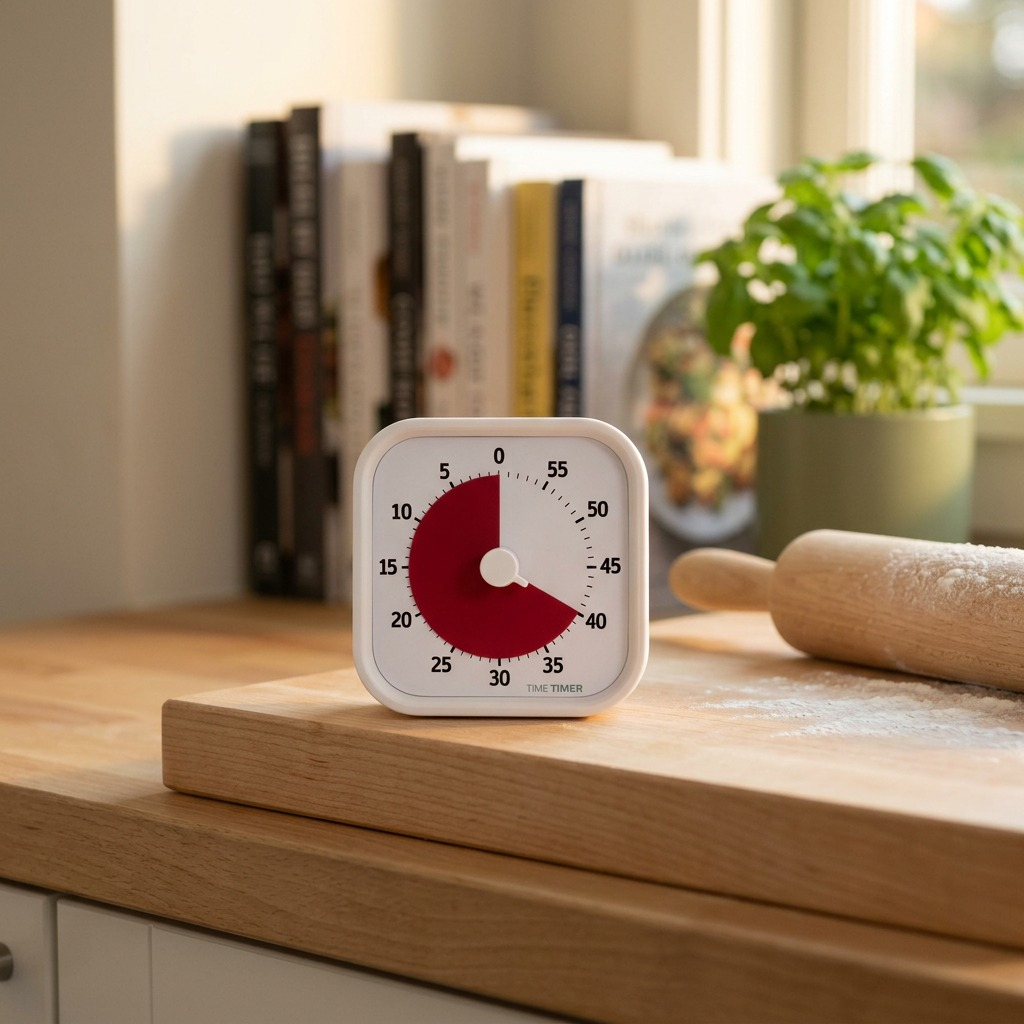 A lifestyle image showing the fdmt TT MOD Home Edition 30-minute timer on a kitchen counter during meal preparation.