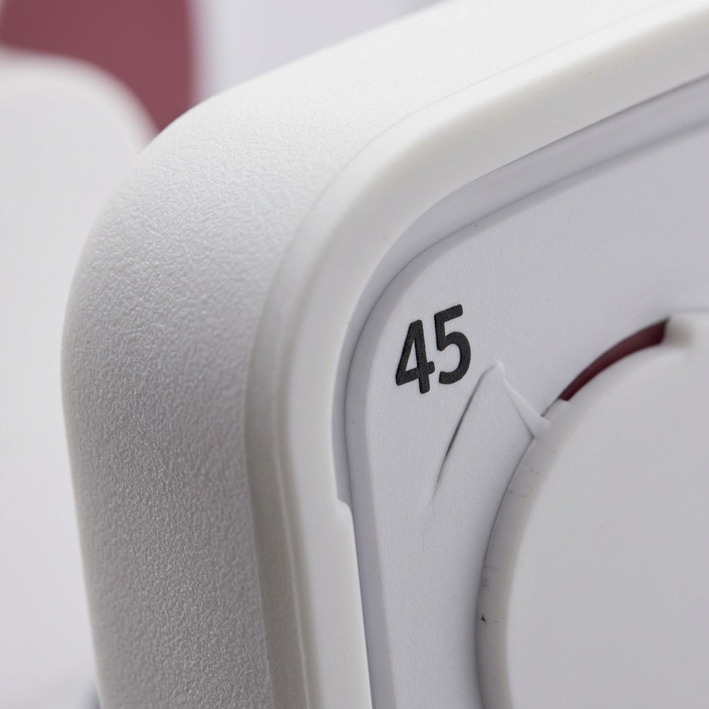 Macro photo detail of the Time Timer's 60-minute dial, focusing on the deep-red disc, white markings, and central control knob.