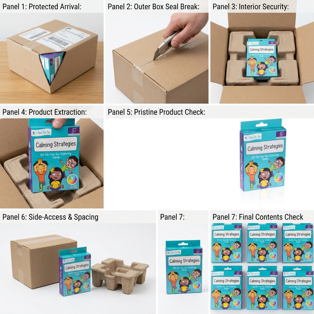 A 7-panel visual matrix showing the fdmt Calming Strategies product from protected delivery to unpacked product.