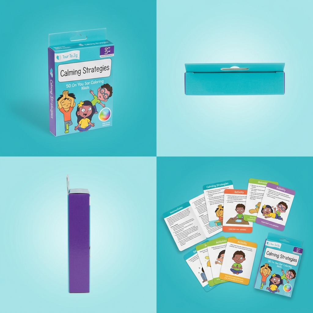 A four-panel visual matrix displaying the English 'Calming Strategies Cards' set from various useful angles, against a clean blue and gradient backdrop.