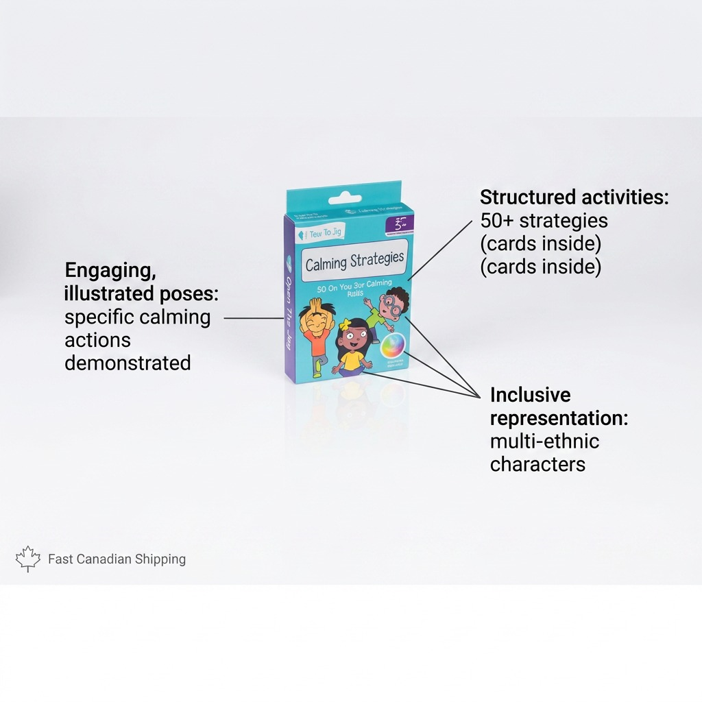fdmt Calming Strategies product infographic with four key feature callouts highlighting specific benefits.