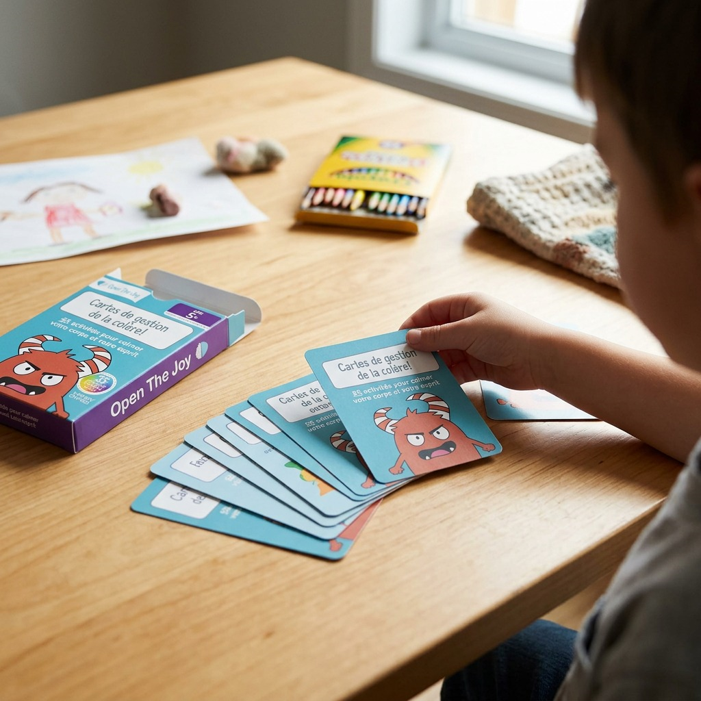 A lifestyle photo showing fdmt's anger management card deck (French version) from image_0.png, resting on a child's desk next to a coloring book. A child's hands are visible. Natural daylight, realistic scale. Clean background, no packaging or text.