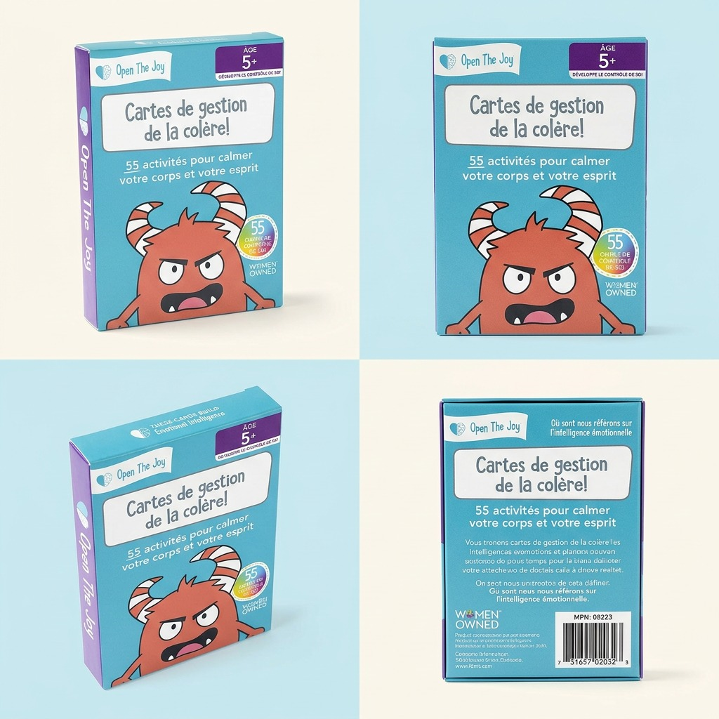 A clean ecommerce grid matrix showing the fdmt anger management card deck from four different angles.