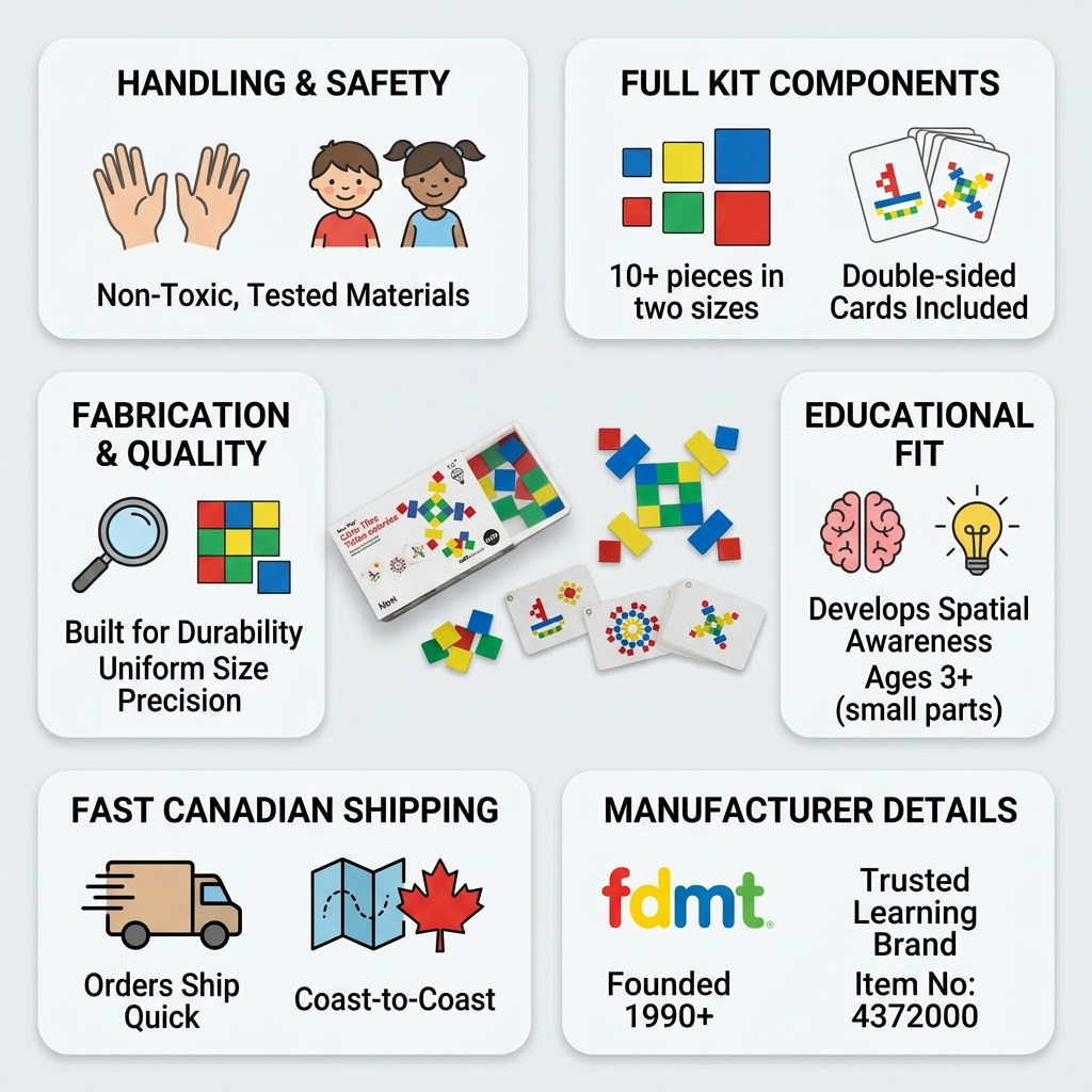 Factual and concise PDP infographic for fdmt Busy Play Color Tiles. Feature accurate central product image, surrounding icons showing safety, fabrication, component count, aged-rating (3+ with small parts warning), dynamic spatial reasoning fit, brand details ('fdmt' Founded 1990+, 'Trusted Learning Brand'), and fast Canadian shipping. Uses realistic rendering and simple visual cues only, with no fictional information.<ctrl46>