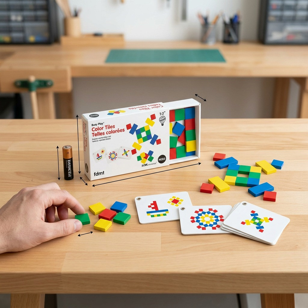 fdmt Busy Play Color Tiles kit arranged next to a standard AA battery on a light-wood table.