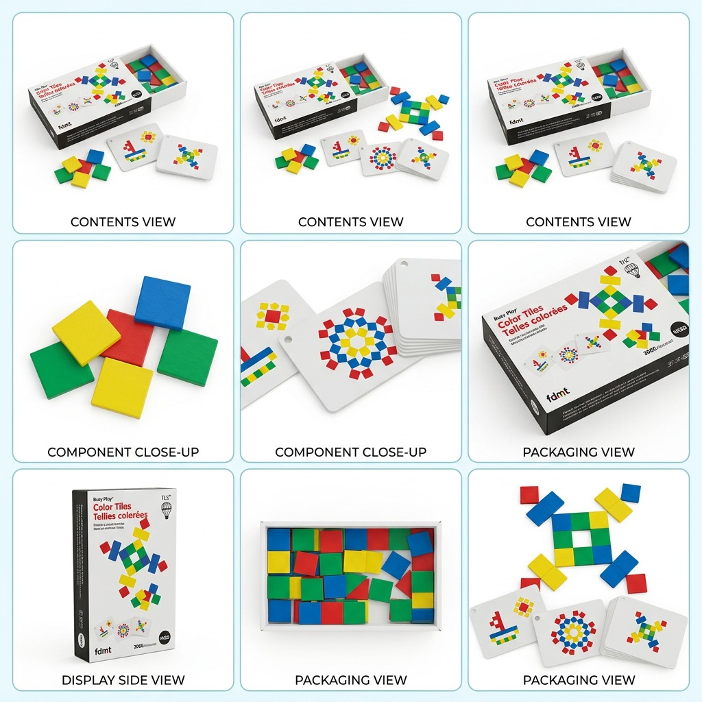 A grid displaying the Busy Play Color Tiles from multiple angles, highlighting components and packaging details.