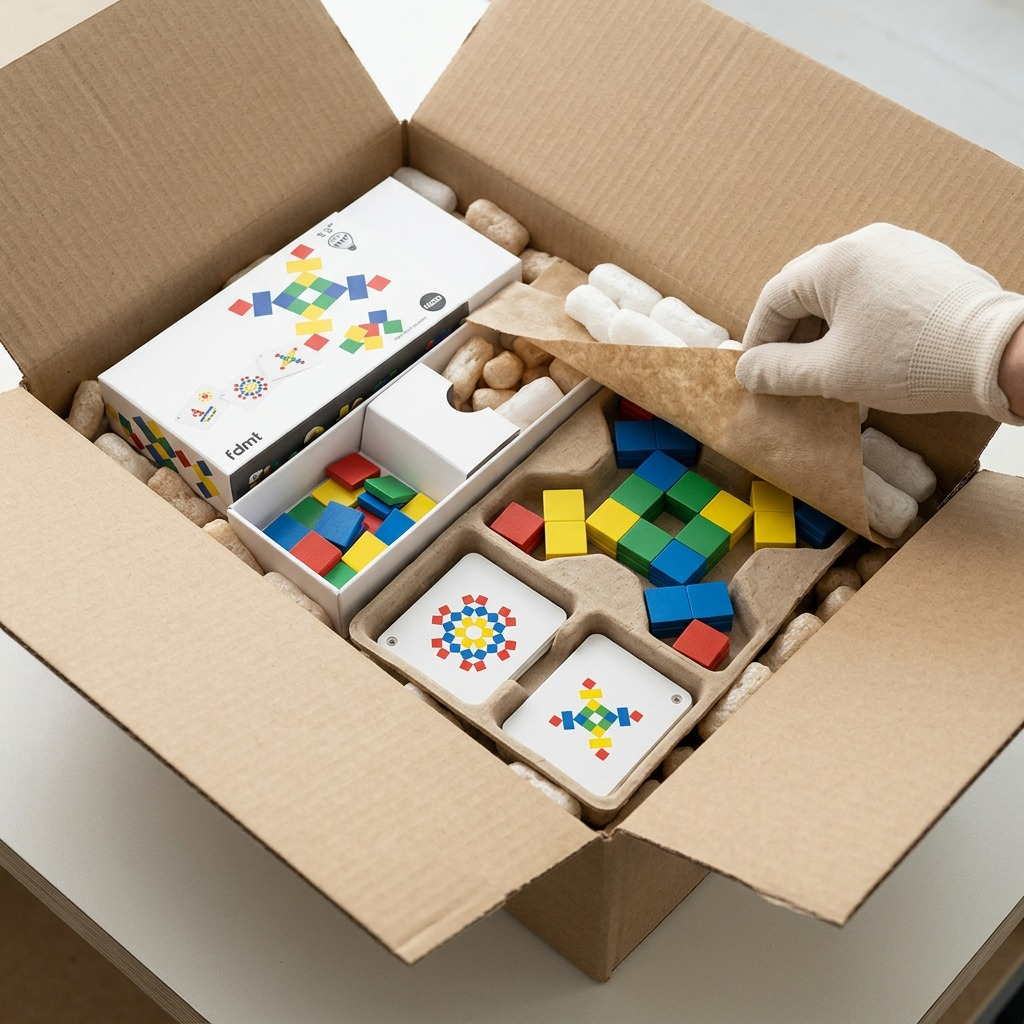 Unboxing shot: fdmt Color Tiles game parts (4372000) nestled securely in padded protective insert.