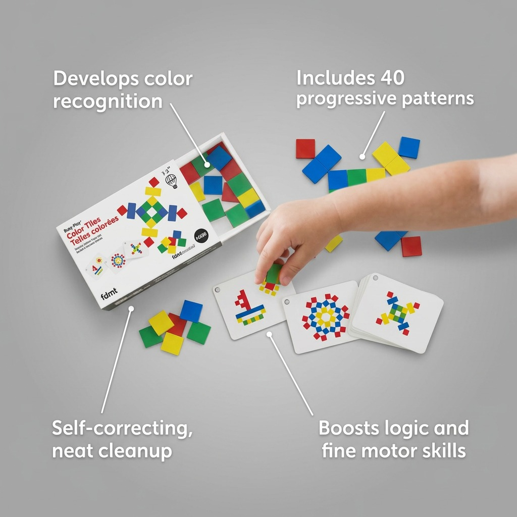 An infographic for the fdmt Busy Play Color Tiles kit, showing component callouts and children interacting with the pieces, highlighting features like color recognition and logic development.