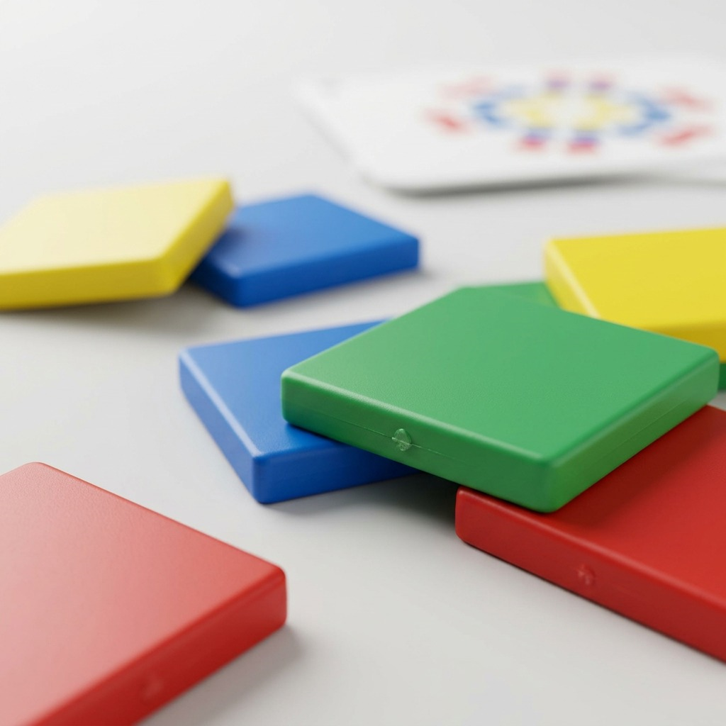 A detailed macro photo showing the edges, textures, and color surfaces of multiple loose plastic square color tiles.