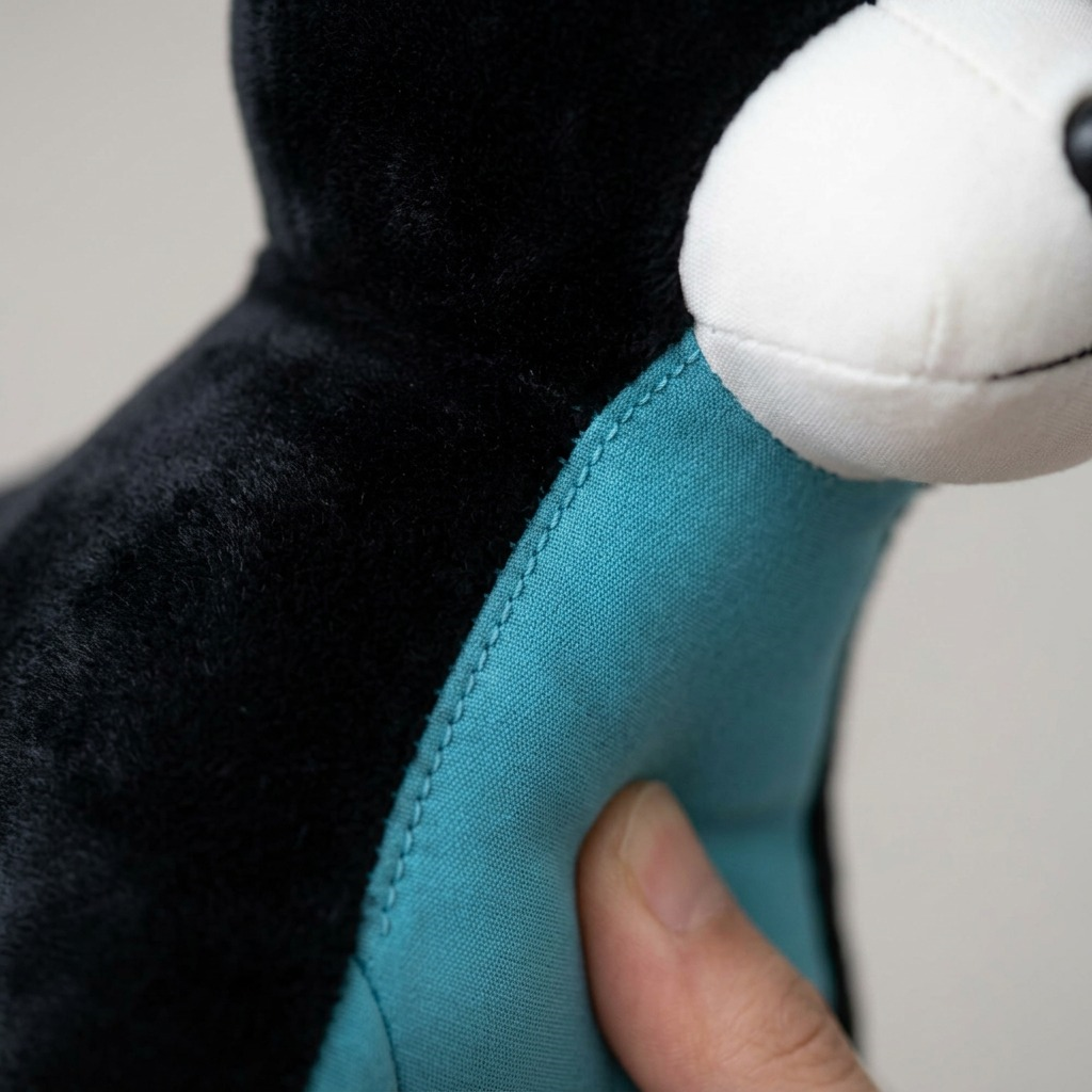 Macro image showing fine stitching and textures of the black velvet and turquoise fabrics on the weighted dog.