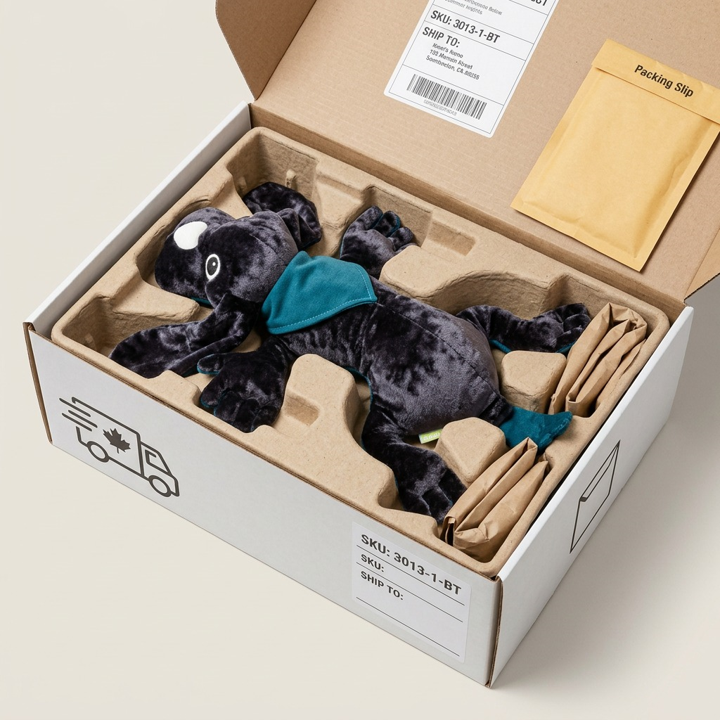 Black velvet fdmt manimo dog nestled in protective cardboard insert inside open shipping box.