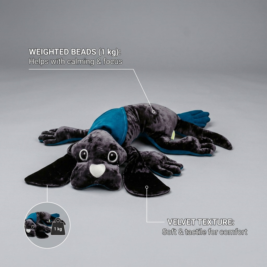E-commerce graphic of weighted dog plush with callouts for "Weighted Beads (1 kg)" and "Velvet Texture."