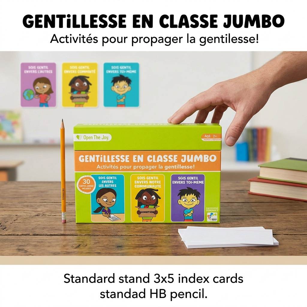 Open The Joy French jumbo-sized 'Gentillesse en Classe' activities cards in vibrant classroom-themed packaging.