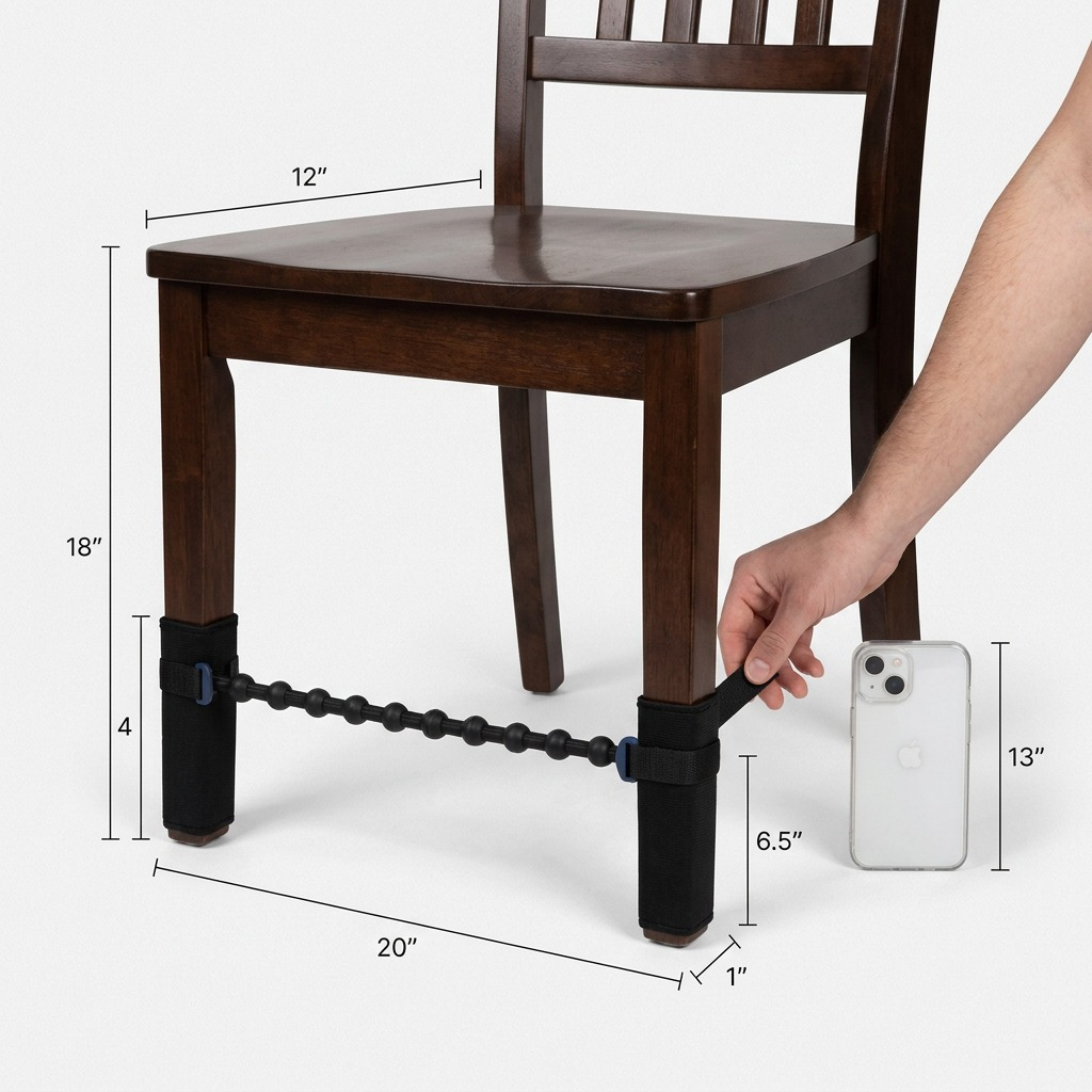 Scale reference of a black fdmt Universal Bouncy Band on a wooden chair next to a smartphone.