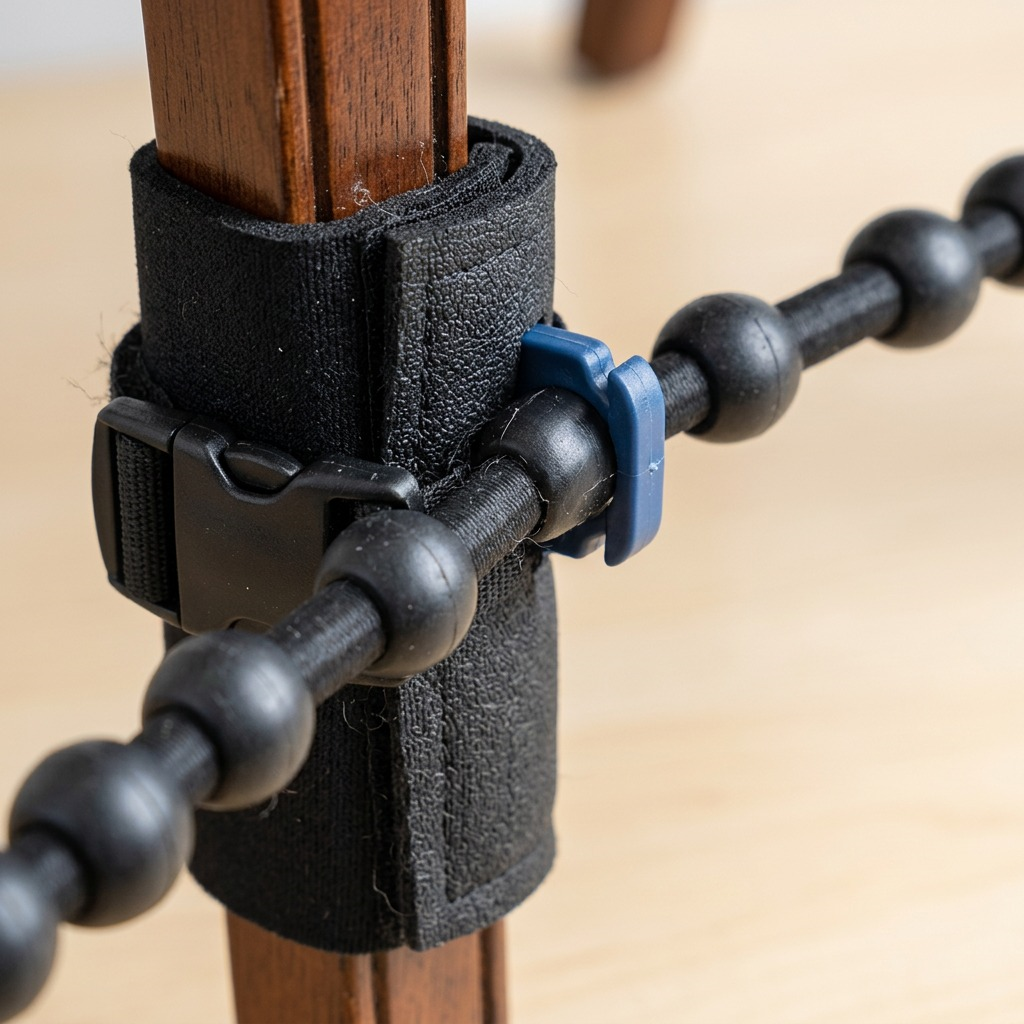 Macro detail of fdmt Universal Bouncy Band showing the buckle, Velcro strap, and beaded rubber cord.