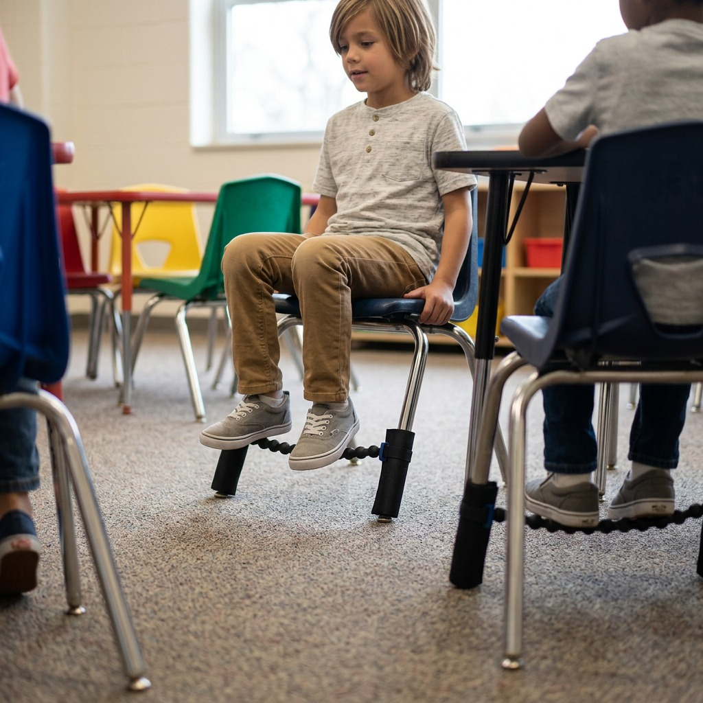 A student uses the fdmt Universal Bouncy Band on a classroom chair to fidget while sitting at a desk.