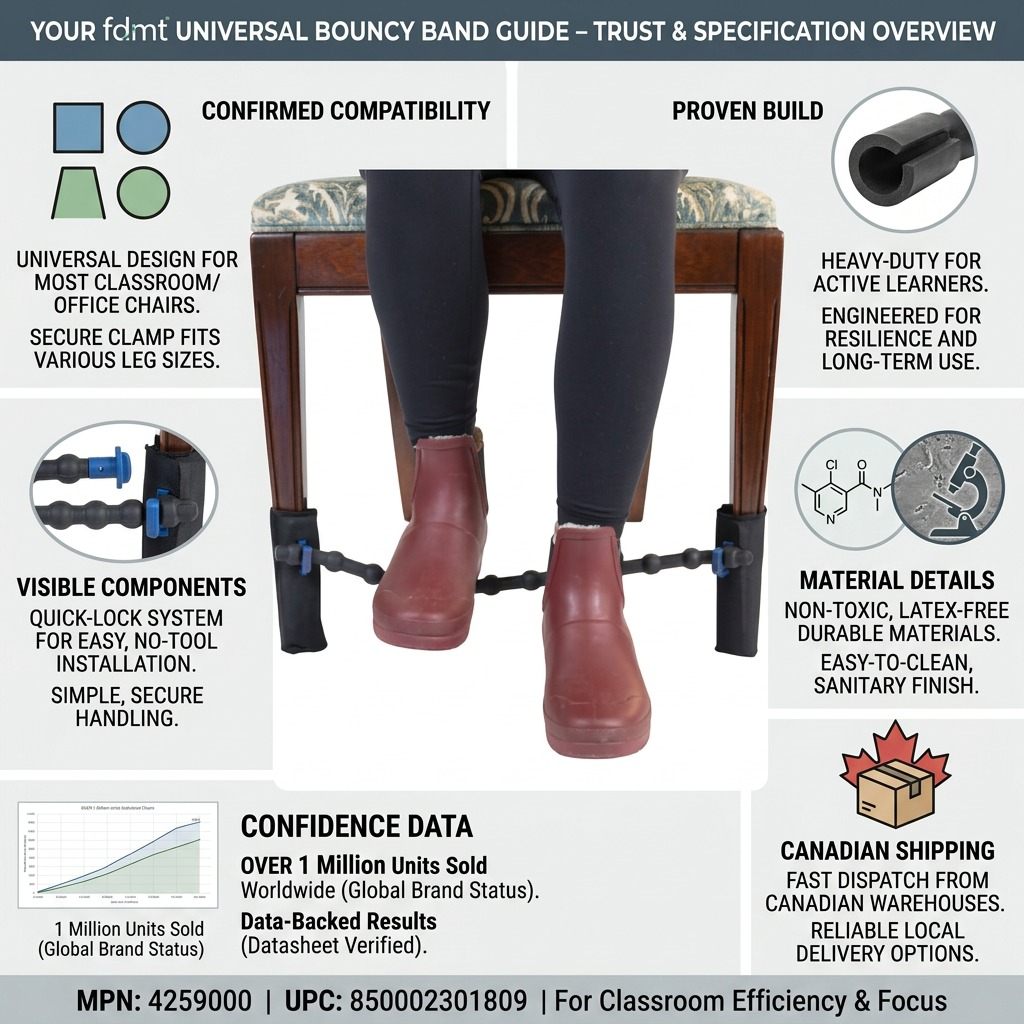 fdmt Universal Bouncy Band trust infographic showing features, material specs, and Canadian shipping.