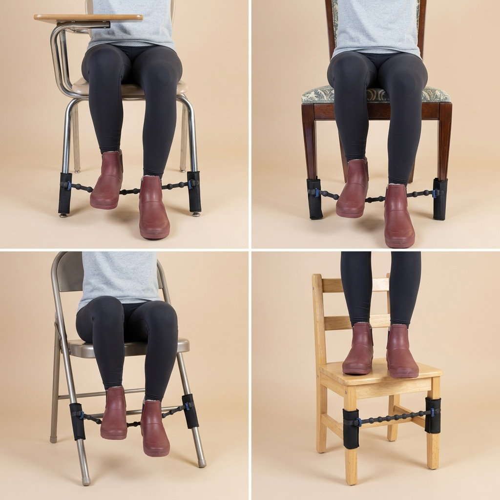 Grid of four images showing fdmt Universal Bouncy Band installed on different chair leg types.