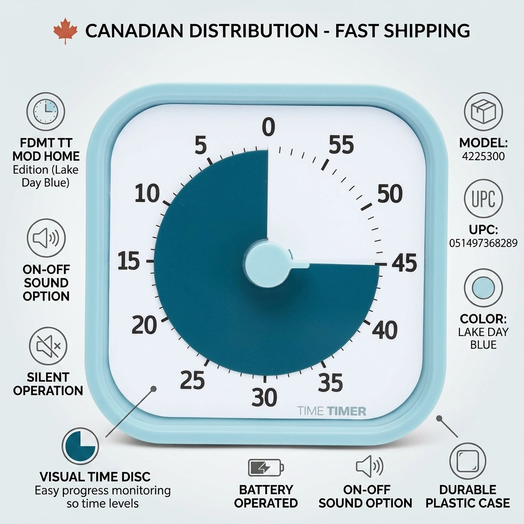 A trust and authority infographic for the fdmt TT MOD timer in Lake Day Blue, highlighting features and identifiers for online shoppers.