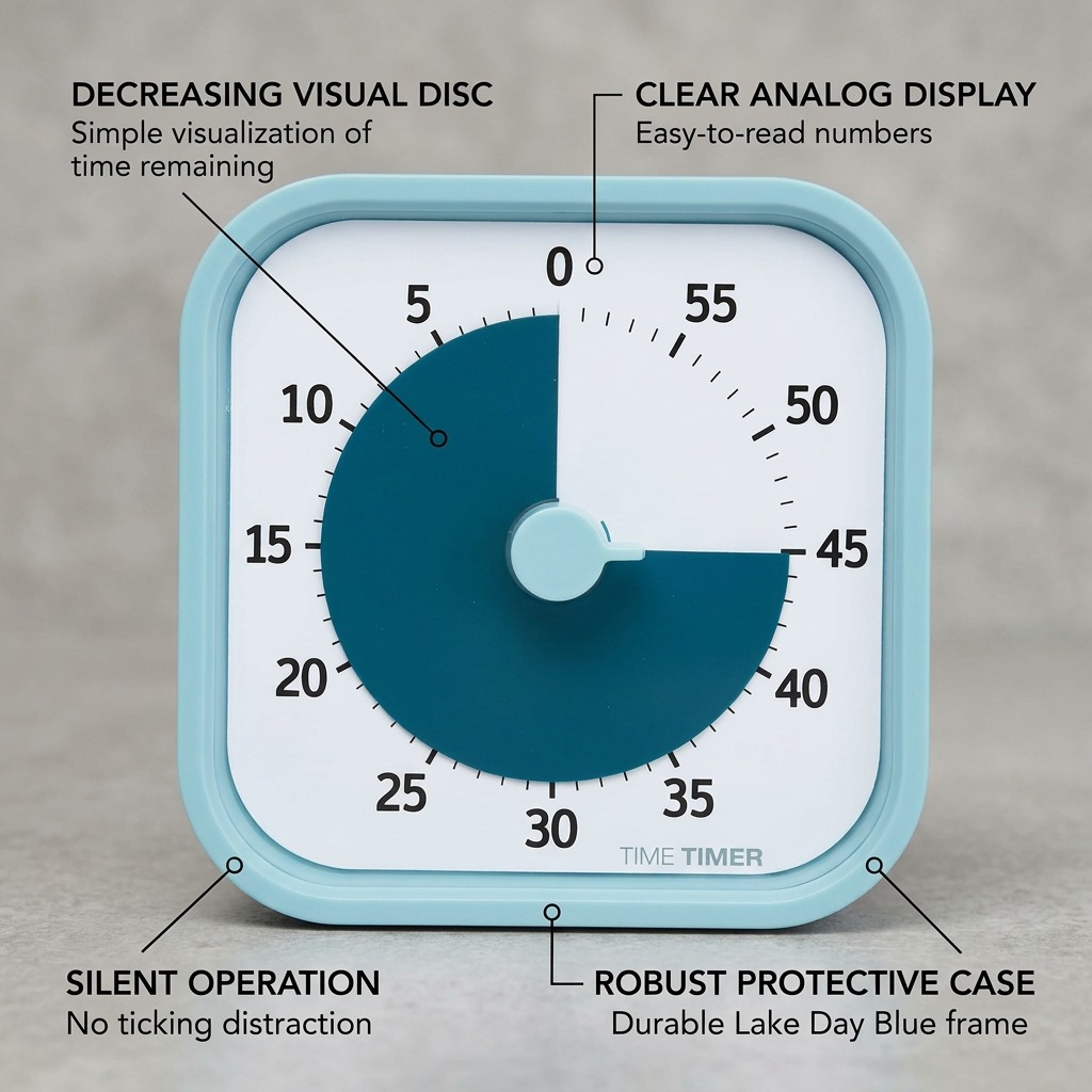 A descriptive infographic for the Time Timer MOD Home Edition in Lake Day Blue showing pointers for distinct features.