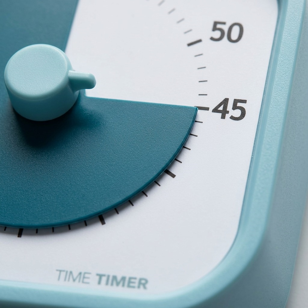 Macro close-up of blue Time Timer showing textured plastic, center knob, and numbered disc face at 45.