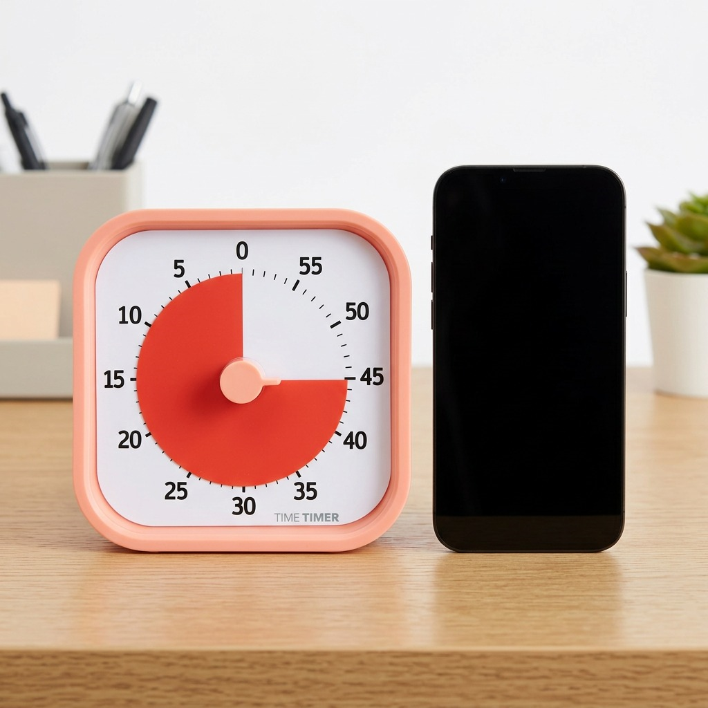 High-resolution ecommerce hero shot of the TIME TIMER MOD Home Edition in Dreamsicle Orange, set at 45 minutes, with a pure white background.