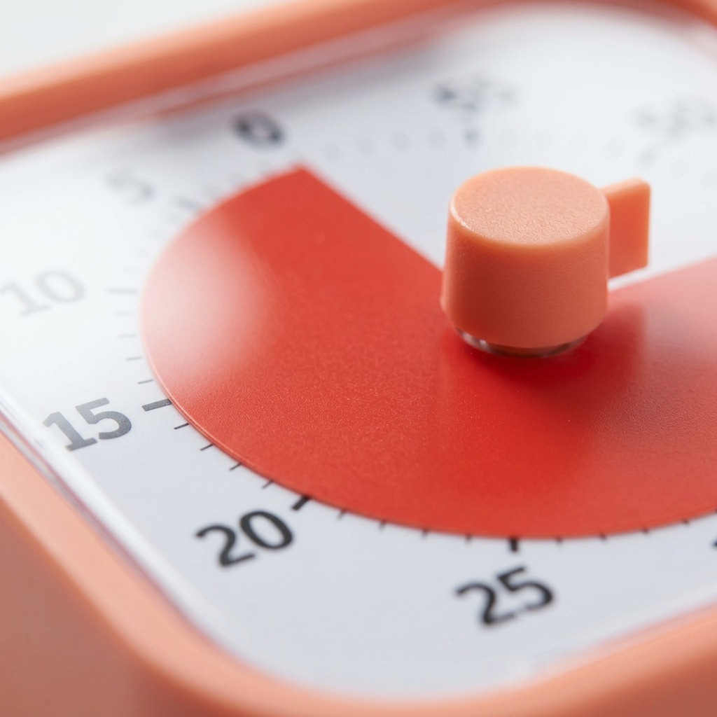 Extreme macro view of Dreamsicle Orange Time Timer: deep red disk, minute markings, and central knob texture.