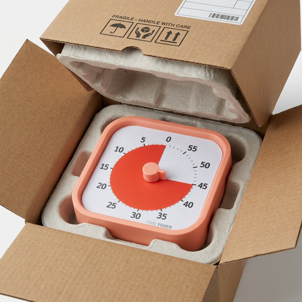 A 3/4 view photograph of the Dreamsicle Orange Time Timer MOD inside a secure shipping box with recycled packing peanuts, emphasizing safe delivery. The central red disk shows ~45 minutes. The front text 'TIME TIMER' is visible. The scene is and well-lit.