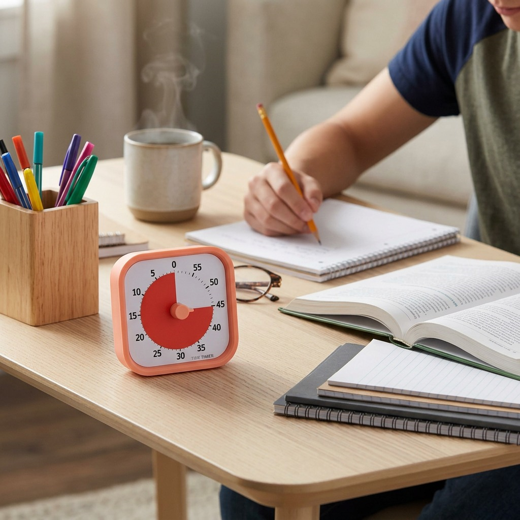 One Dreamsicle Orange Time Timer MOD on a light wood desk, showing practical use during study.