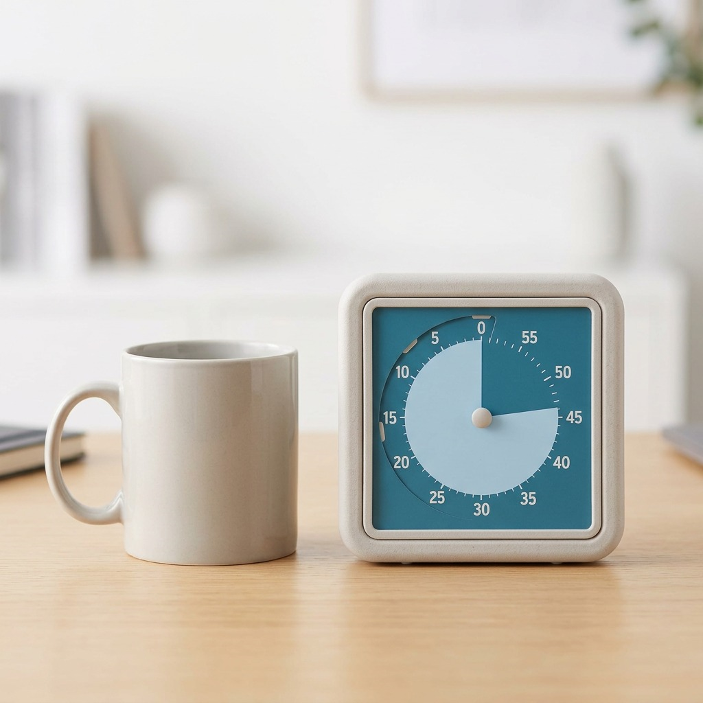Crisp, high-resolution hero shot of the white fdmt Time Timer Retro Eco with blue face on a pure white background.