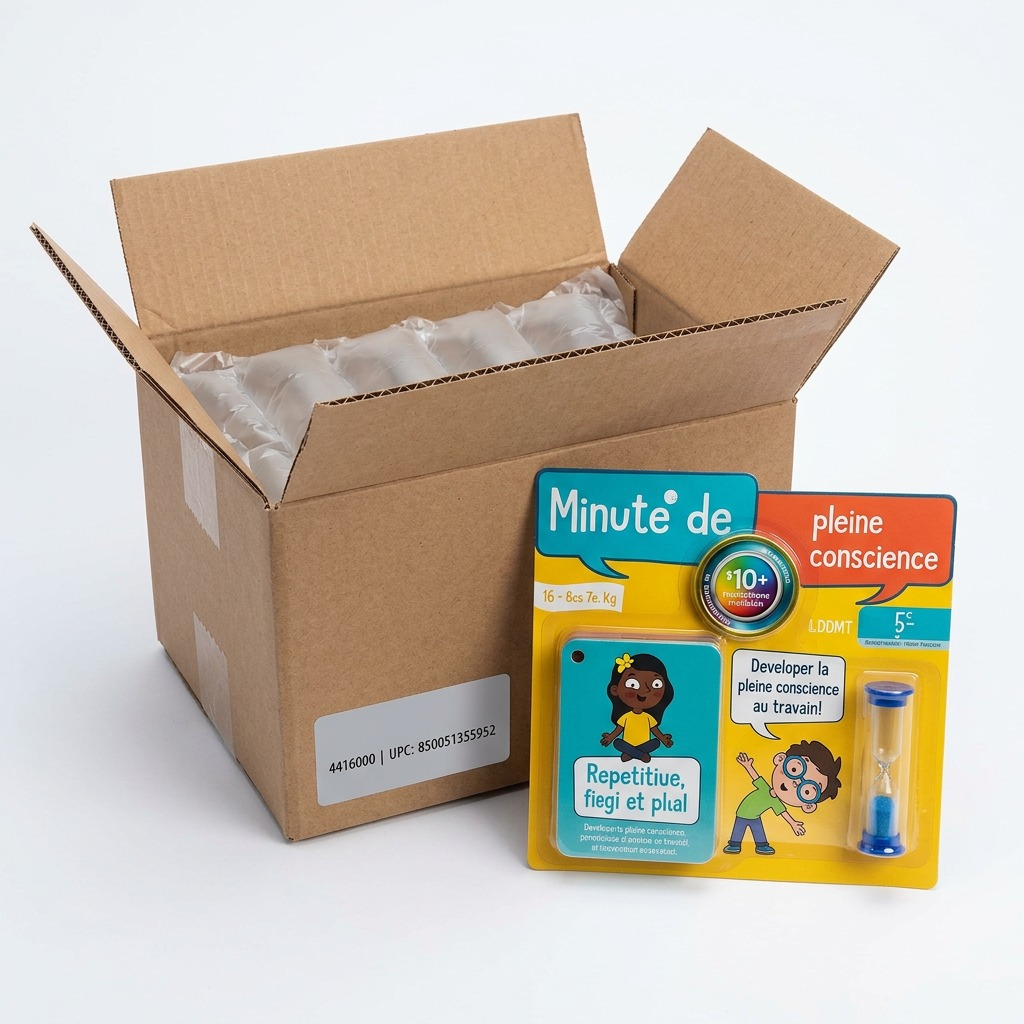 Studio shot of the fdmt Minute de pleine conscience kit, removed from its shipping box, on a white surface.