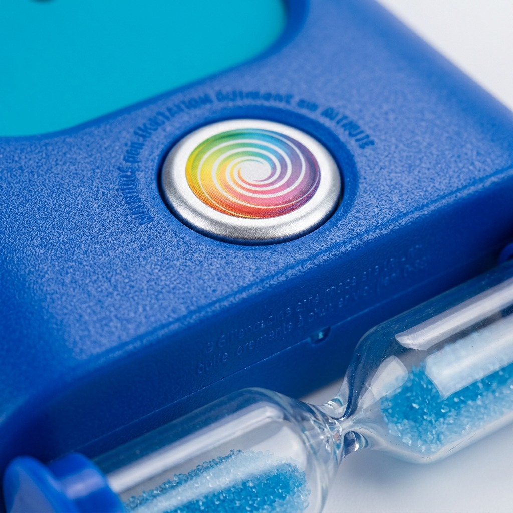 Macro photography of the blue plastic texture and the rainbow button interface.