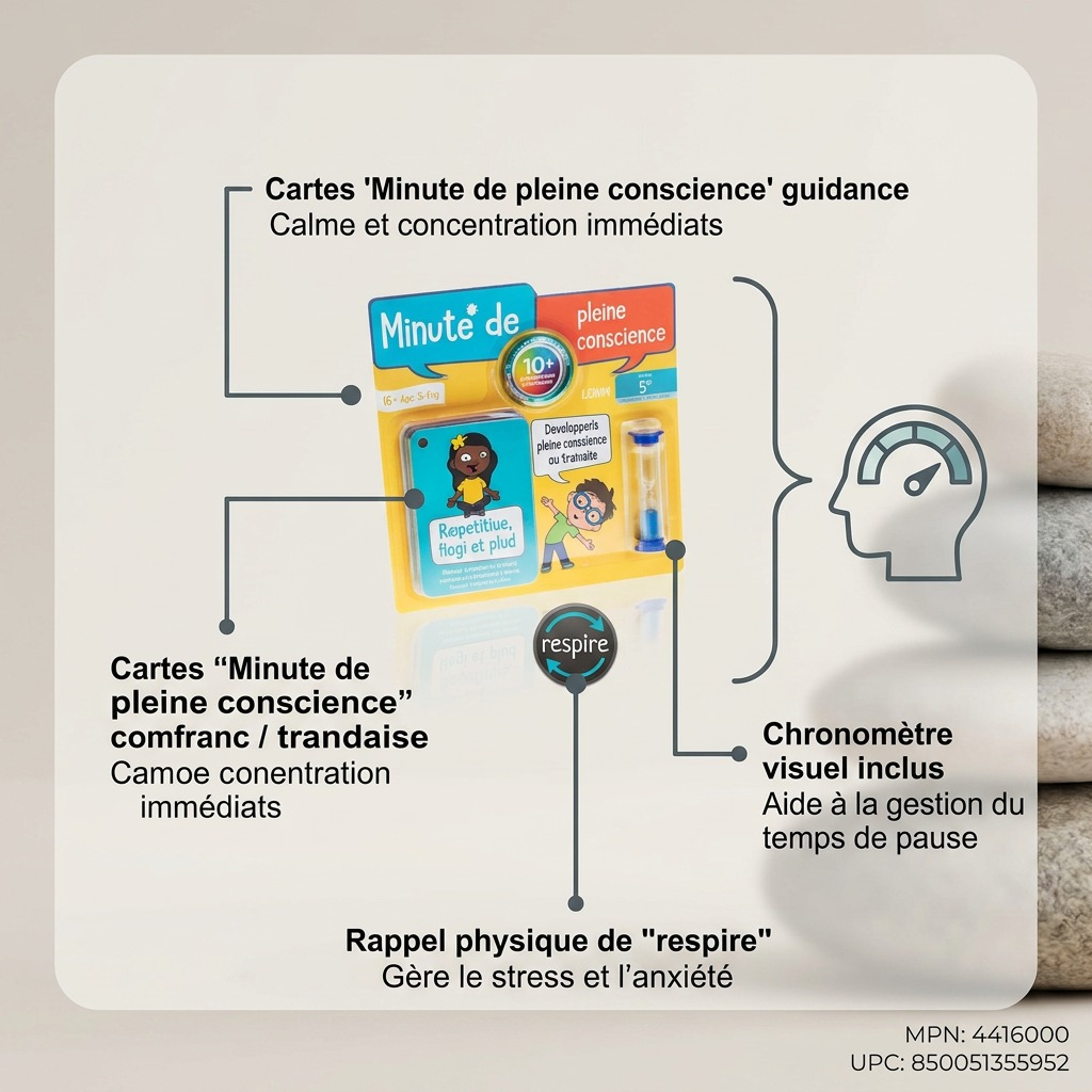 Commerce graphic shows 'Minute de pleine conscience' activity set and its calming benefits.
