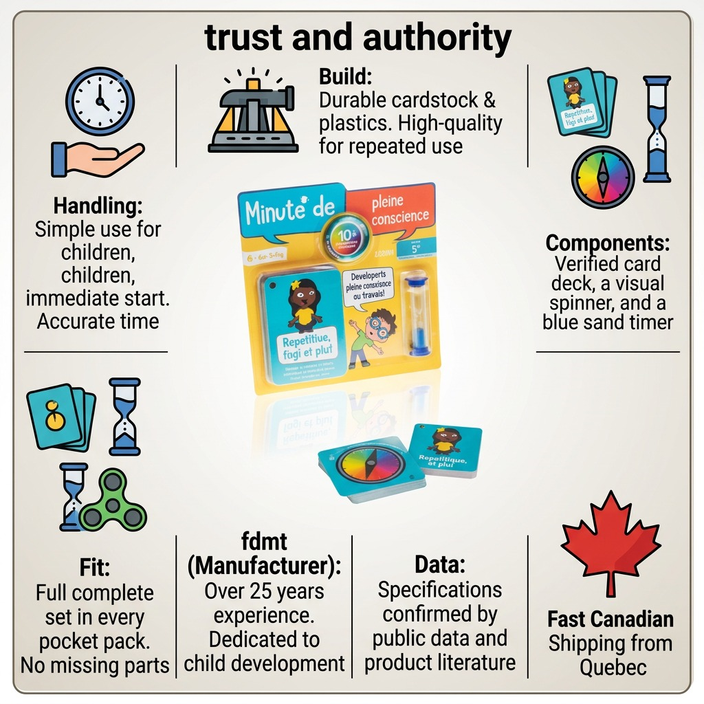 ~ Visual trust matrix infographic for fdmt Minute de pleine conscience showing product points and fast Canadian shipping.