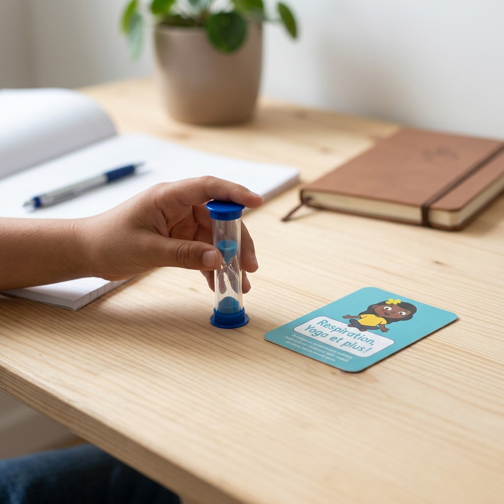 A close-up shot of the "Minute de pleine conscience" card and sand timer in use on a wooden desk with blurred greenery.