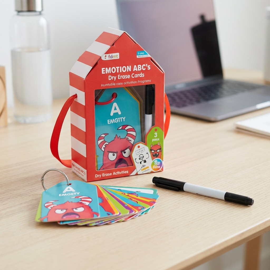A high-resolution hero shot of the unpacked fdmt Emotions ABC's portable dry-erase activities, including the box, cards, and pen on a pure white background.