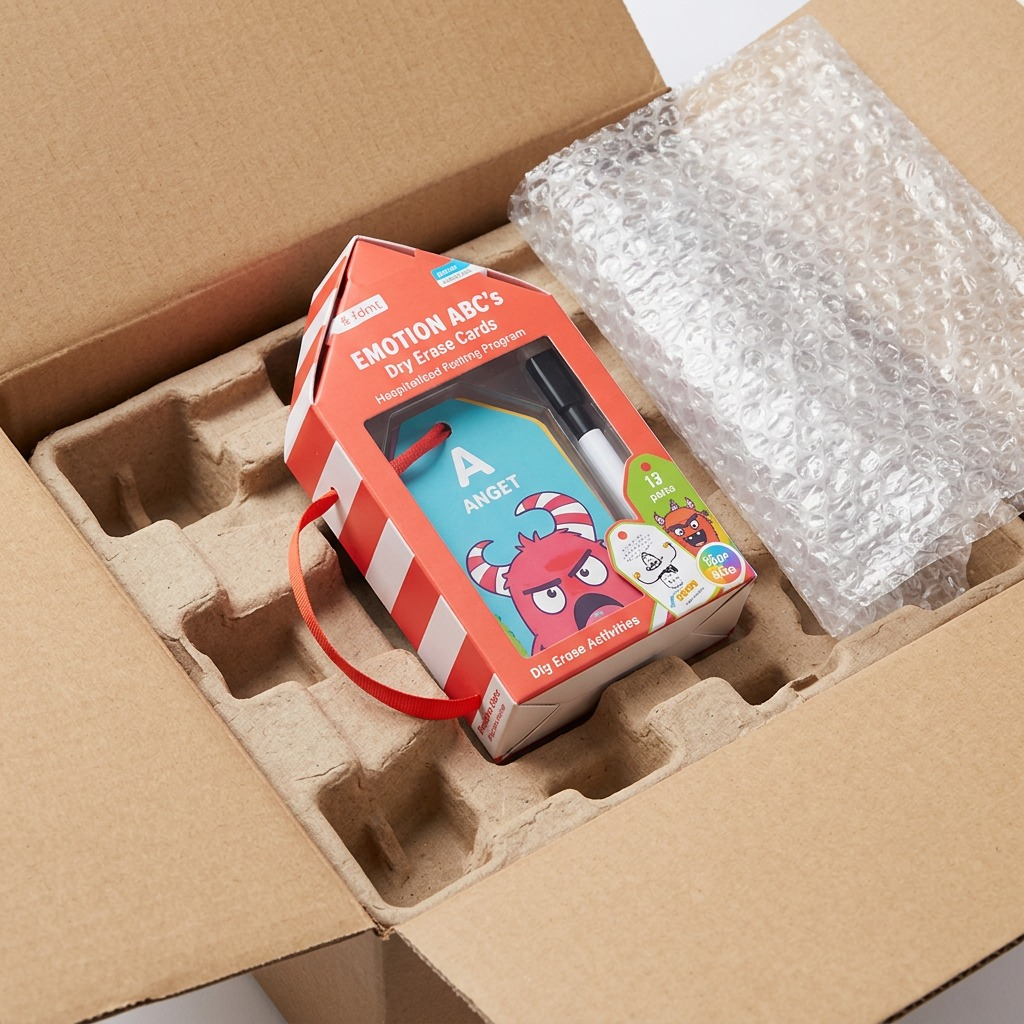 A close-up photograph showing the fdmt Emotions ABC's kit snugly protected by bubble wrap inside a shipping box.