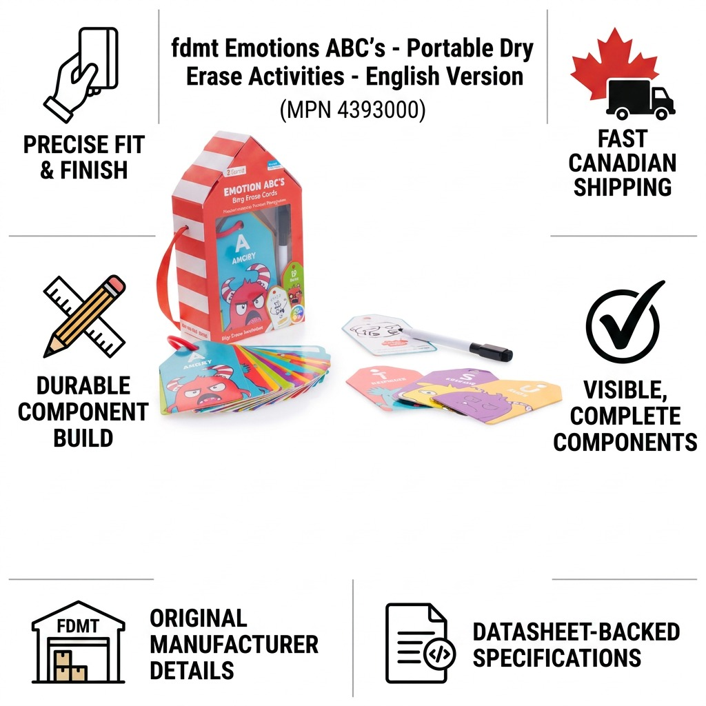 A grid of icons and factual cues surrounds the fdmt Emotions ABC's portable dry erase set, highlighting its durability and fast Canadian shipping.