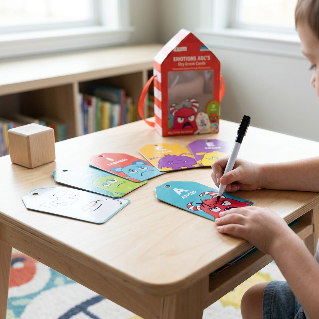 Lifestyle photo: a close-up on a wooden table, showing several of the open emotion flashcards and the dry-erase black marker being used for drawing. Natural light, selective focus. Fdmt brand. (96 characters)