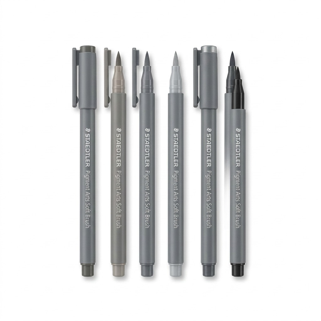 STAEDTLER Pigment Arts Soft Brush – Lot de 6 teintes grises, réf. 372-C6-10-35 — vue sur fond clair