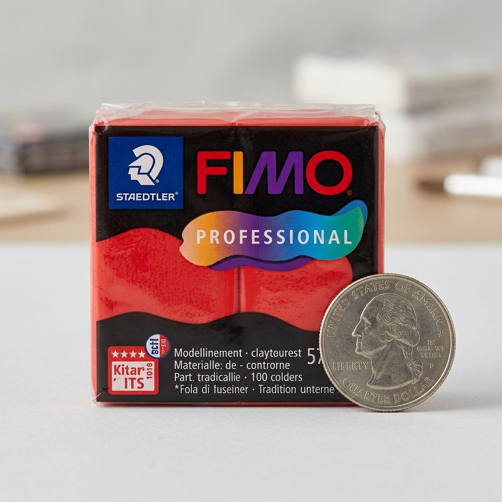 A high-resolution, centered view of the STAEDTLER Fimo Professional True Red 57g (2 oz) polymer clay block (MPN: 8040-200), featuring sharp edges and true color, resting on a pure white background with a subtle, soft shadow. Multi-language text including "PROFESSIONAL", "TRUERED" (English), "VRAIROUGE" (French), "VERDADEROROJO" (Spanish), and the 57ge (2 oz) weight is visible on the product.