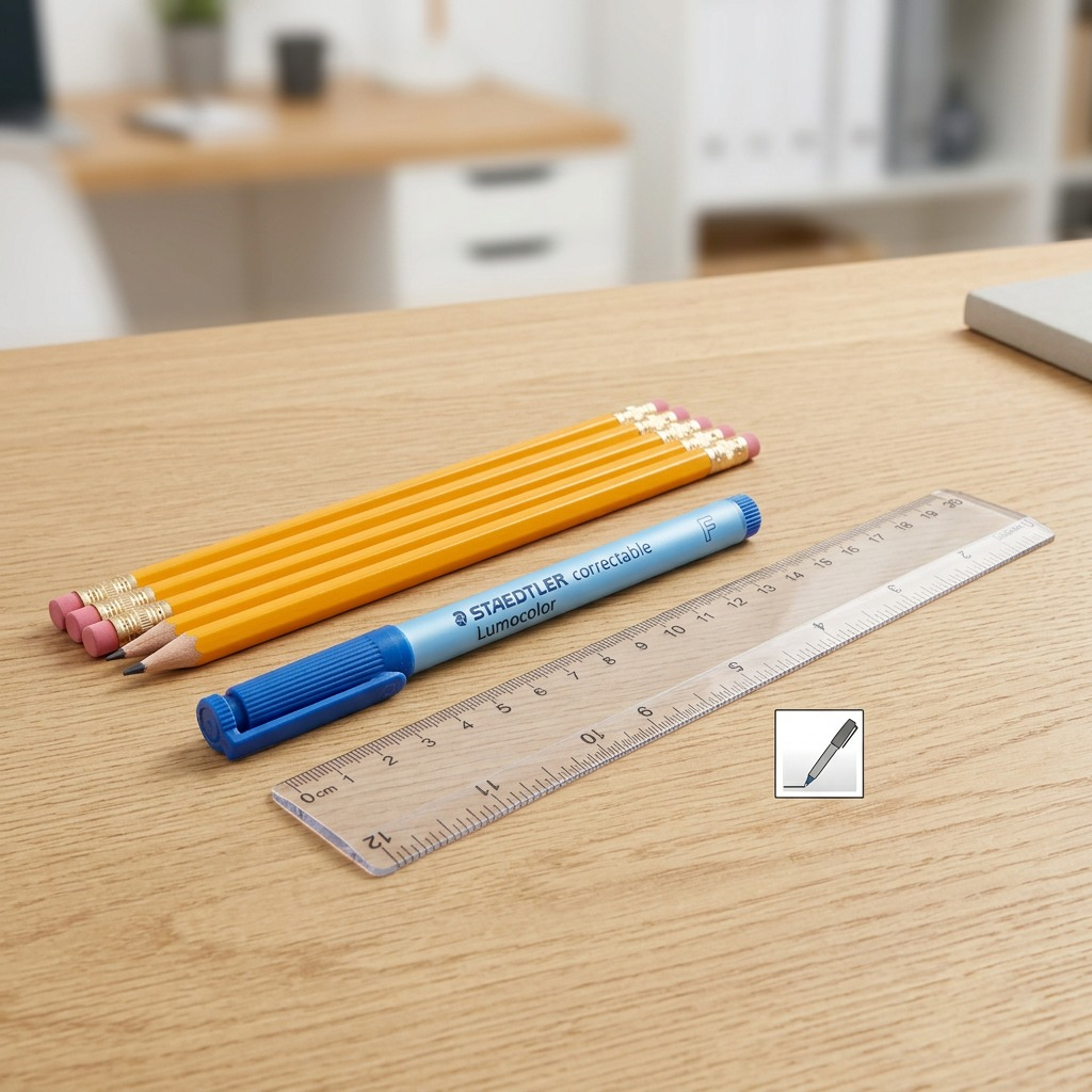 STAEDTLER Lumocolor correctable OHP pen F blue with detached cap, seen from the side on white background.