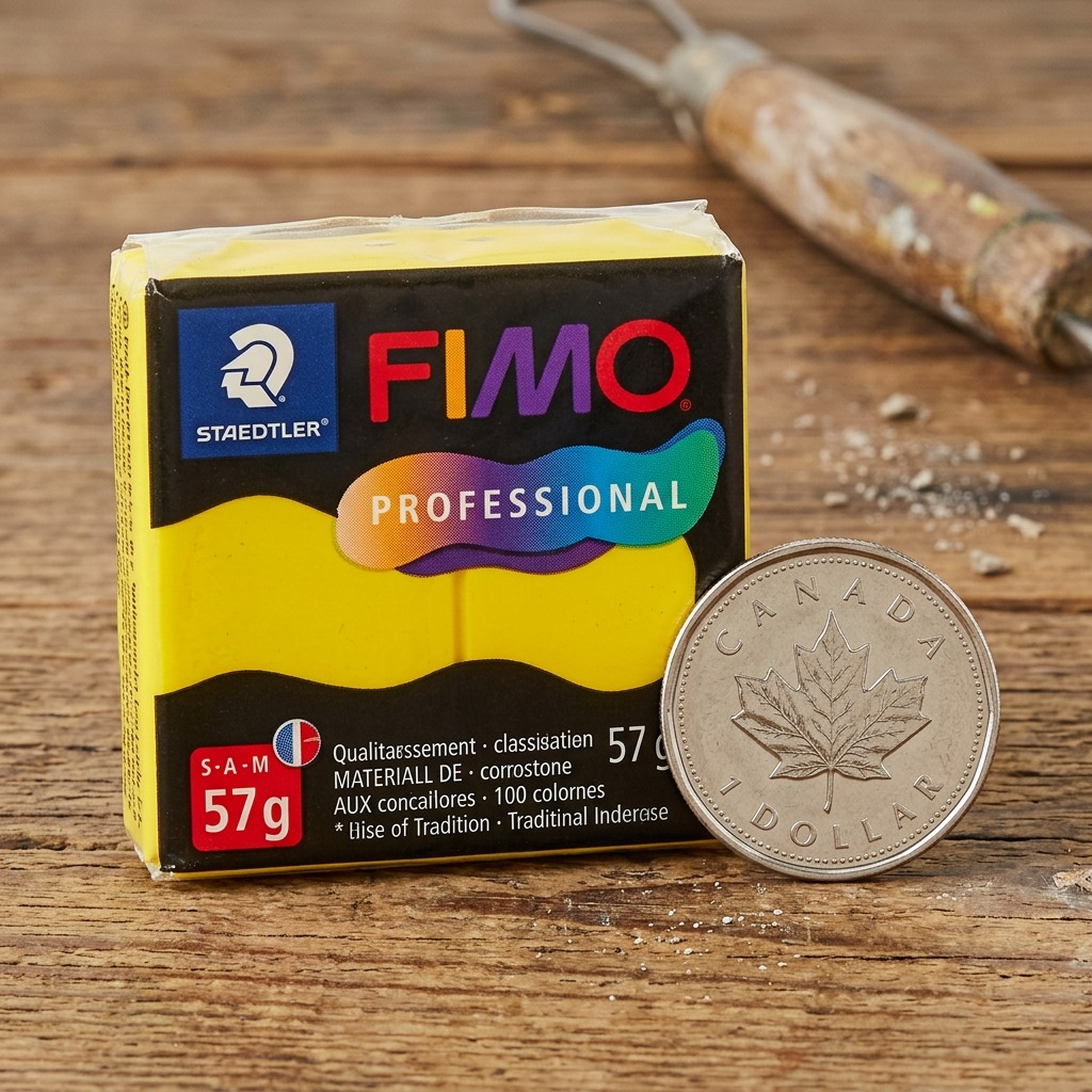 A high-resolution product shot of STAEDTLER Fimo Professional True Yellow modeling clay against a clean, white background.