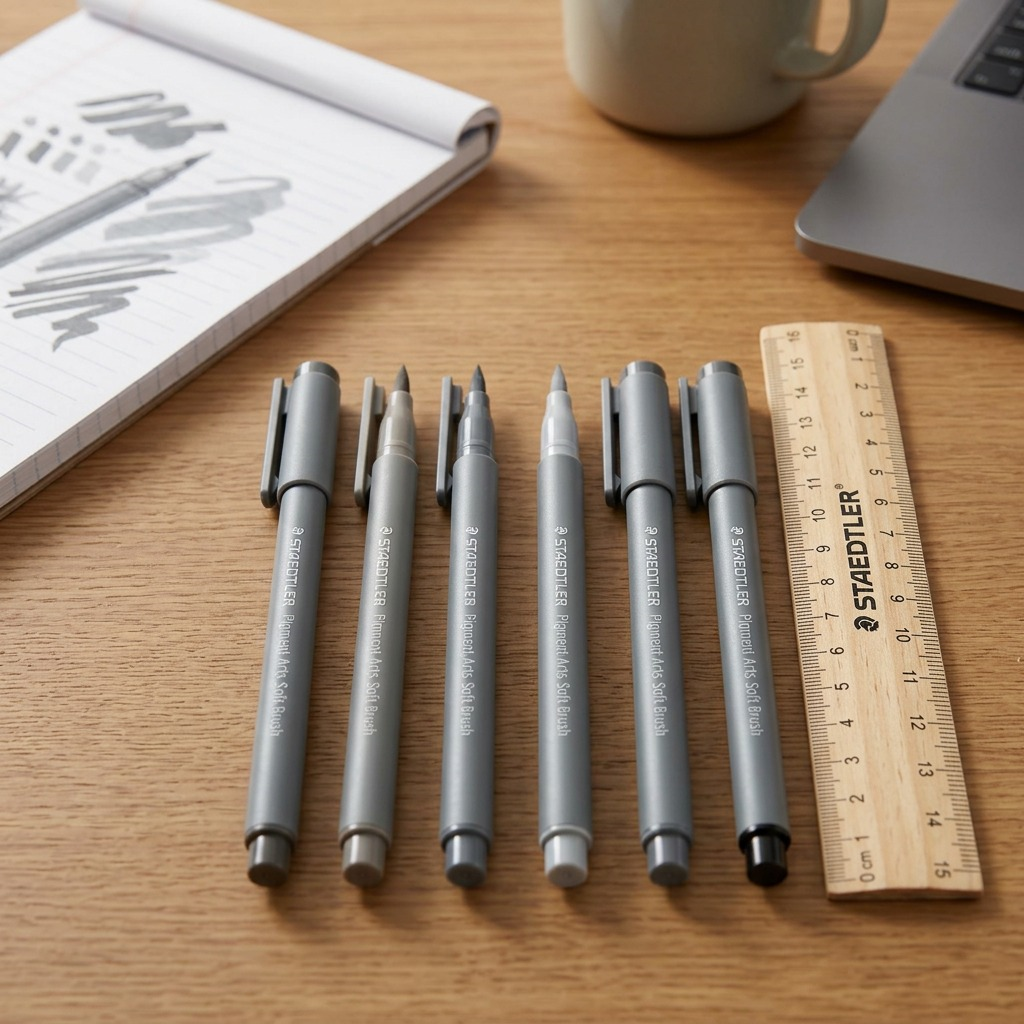 A pure high-resolution hero shot showing six grey and black STAEDTLER Pigment Arts Soft Brush markers.