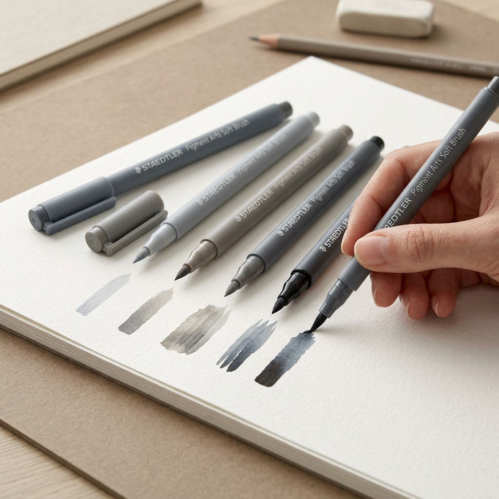 STAEDTLER Pigment Arts Soft Brush – Lot de 6 teintes grises, réf. 372-C6-10-35 — gros plan