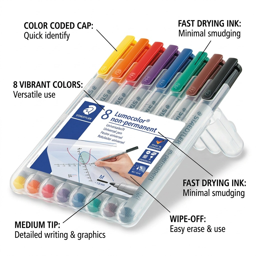 STAEDTLER Lumocolor – 8 marqueurs effaçables moyen, réf. 315-WP8-10 — gros plan des détails